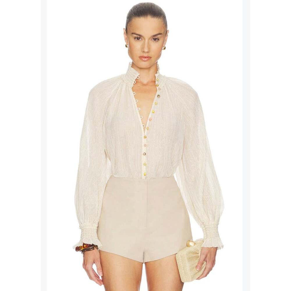 By Anthropologie Blouse S Ivory White Sheer Ruffle High Neck Balloon Sleeve